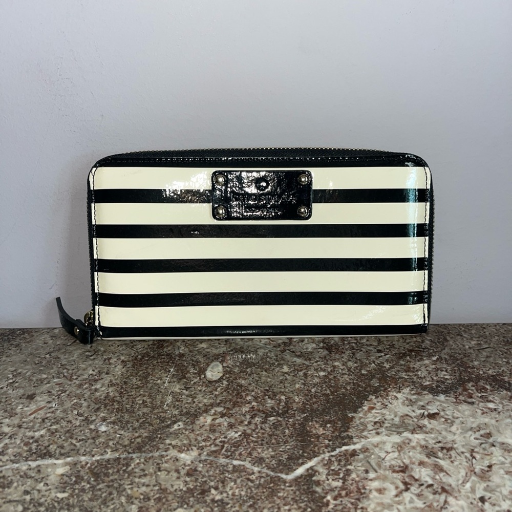 Kate Spade Zip Around Black and White Striped Wallet